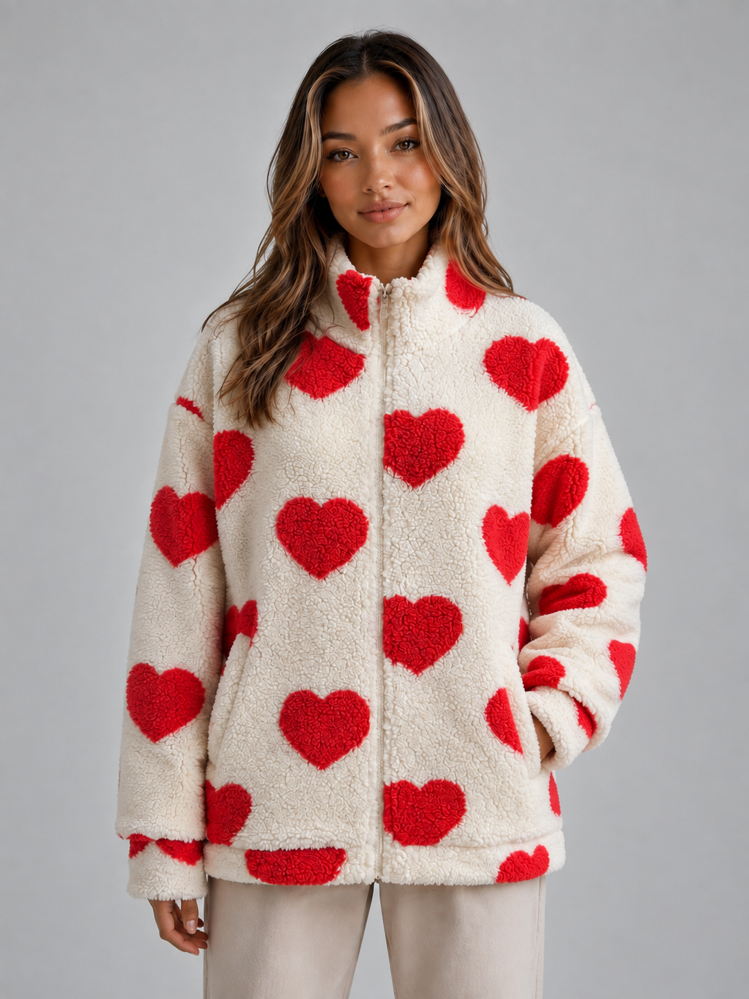 Women’s Heart Print Teddy Fleece Jacket – Zip Up Relaxed Fit Sherpa