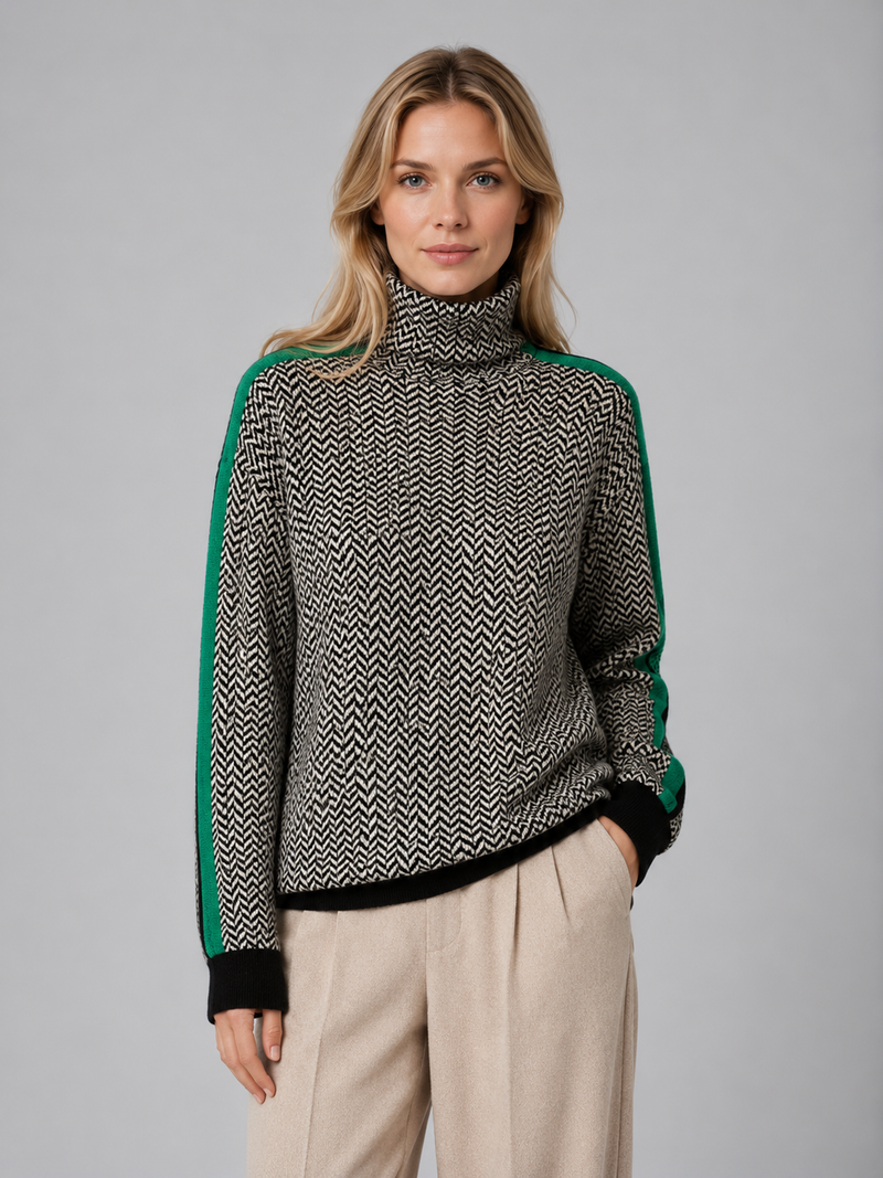Women's Herringbone Turtleneck Jumper – Soft Knit High Neck Sweater