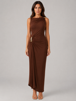 Women’s High Neck Ruched Maxi Dress –  Gold Detail Gown