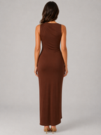 Women’s High Neck Ruched Maxi Dress –  Gold Detail Gown
