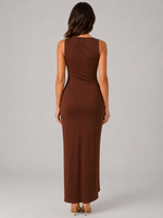 Women’s High Neck Ruched Maxi Dress –  Gold Detail Gown