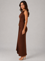 Women’s High Neck Ruched Maxi Dress –  Gold Detail Gown