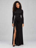 Women’s High Neck Ruched Maxi Dress – Long Sleeve Split Evening Gown