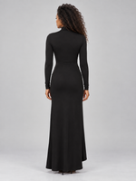 Women’s High Neck Ruched Maxi Dress – Long Sleeve Split Evening Gown