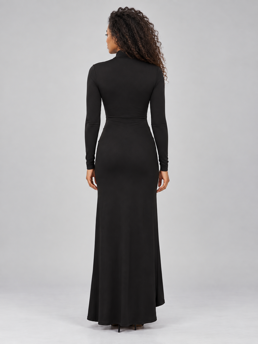Women’s High Neck Ruched Maxi Dress – Long Sleeve Split Evening Gown