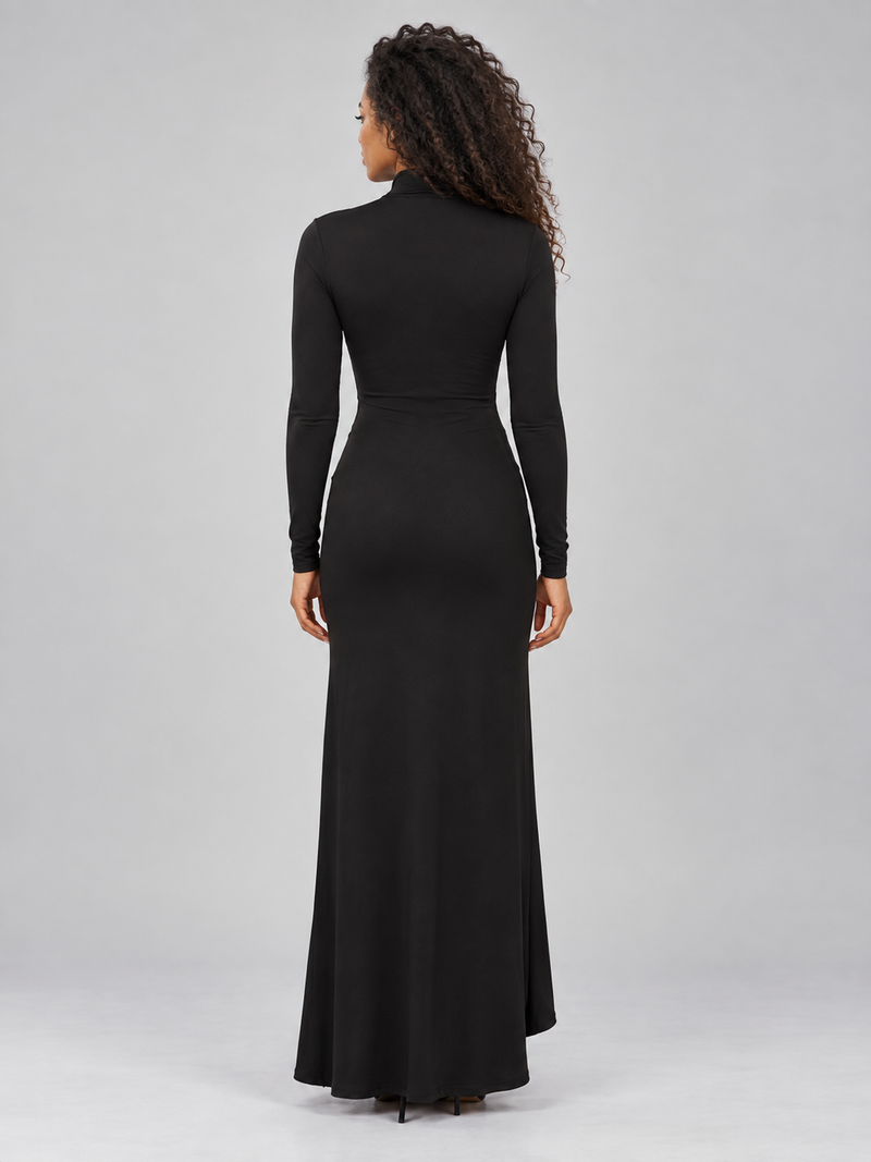 Women’s High Neck Ruched Maxi Dress – Long Sleeve Split Evening Gown