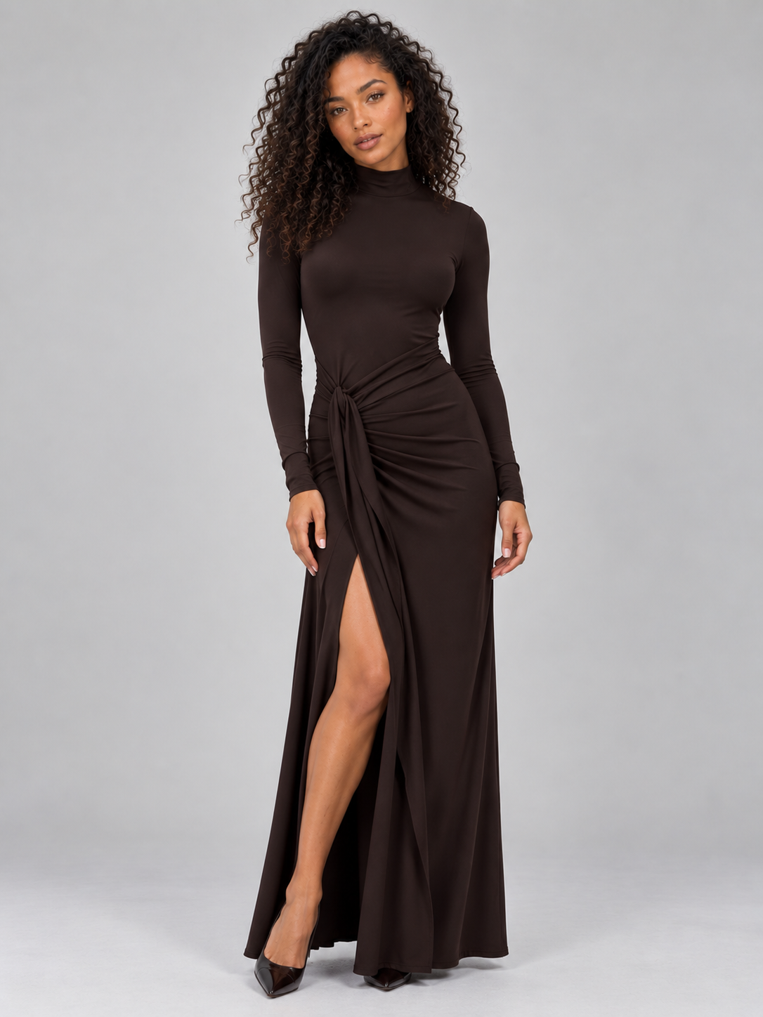 Women’s High Neck Ruched Maxi Dress – Long Sleeve Split Evening Gown