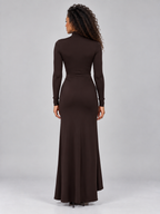 Women’s High Neck Ruched Maxi Dress – Long Sleeve Split Evening Gown