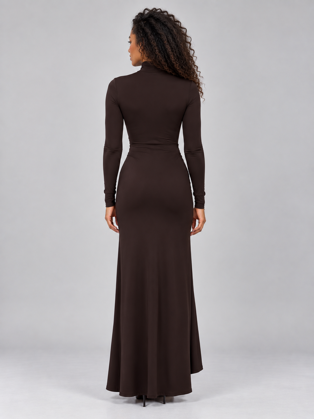 Women’s High Neck Ruched Maxi Dress – Long Sleeve Split Evening Gown