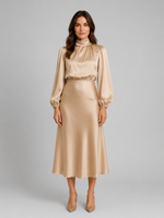 Women’s High Neck Satin Feel Midi Dress – Elegant Long Sleeve Fit