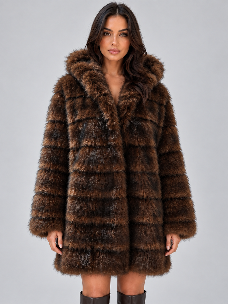Women’s Hooded Faux Fur Coat – Plush Panelled Winter Jacket