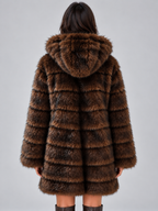 Women’s Hooded Faux Fur Coat – Plush Panelled Winter Jacket