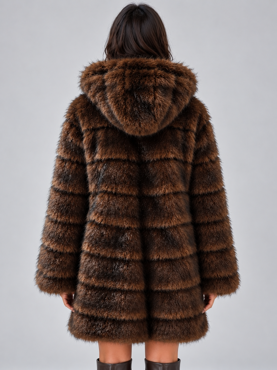 Women’s Hooded Faux Fur Coat – Plush Panelled Winter Jacket