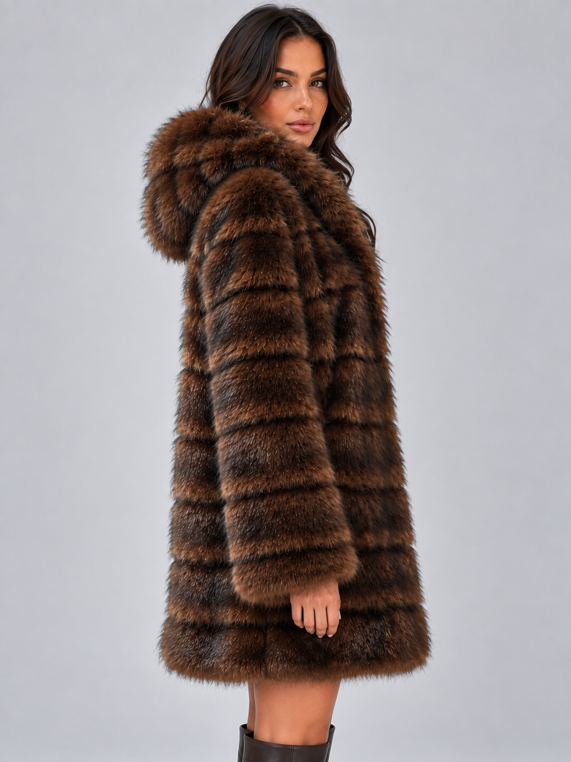 Women’s Hooded Faux Fur Coat – Plush Panelled Winter Jacket