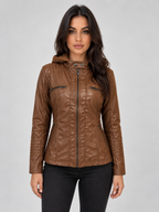 Women’s Hooded Leather Biker Jacket – Fitted Zip-Up Coat
