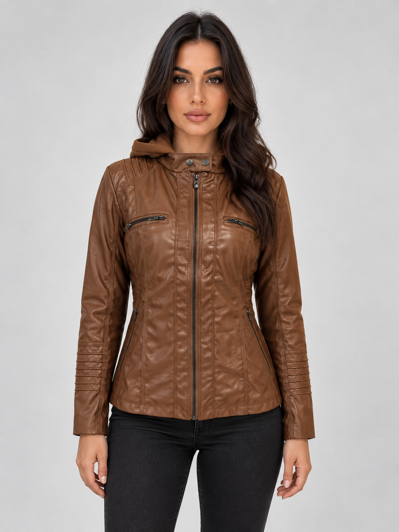Women’s Hooded Leather Biker Jacket – Fitted Zip-Up Coat