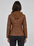 Women’s Hooded Leather Biker Jacket – Fitted Zip-Up Coat