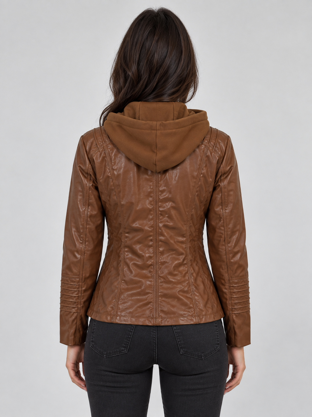 Women’s Hooded Leather Biker Jacket – Fitted Zip-Up Coat