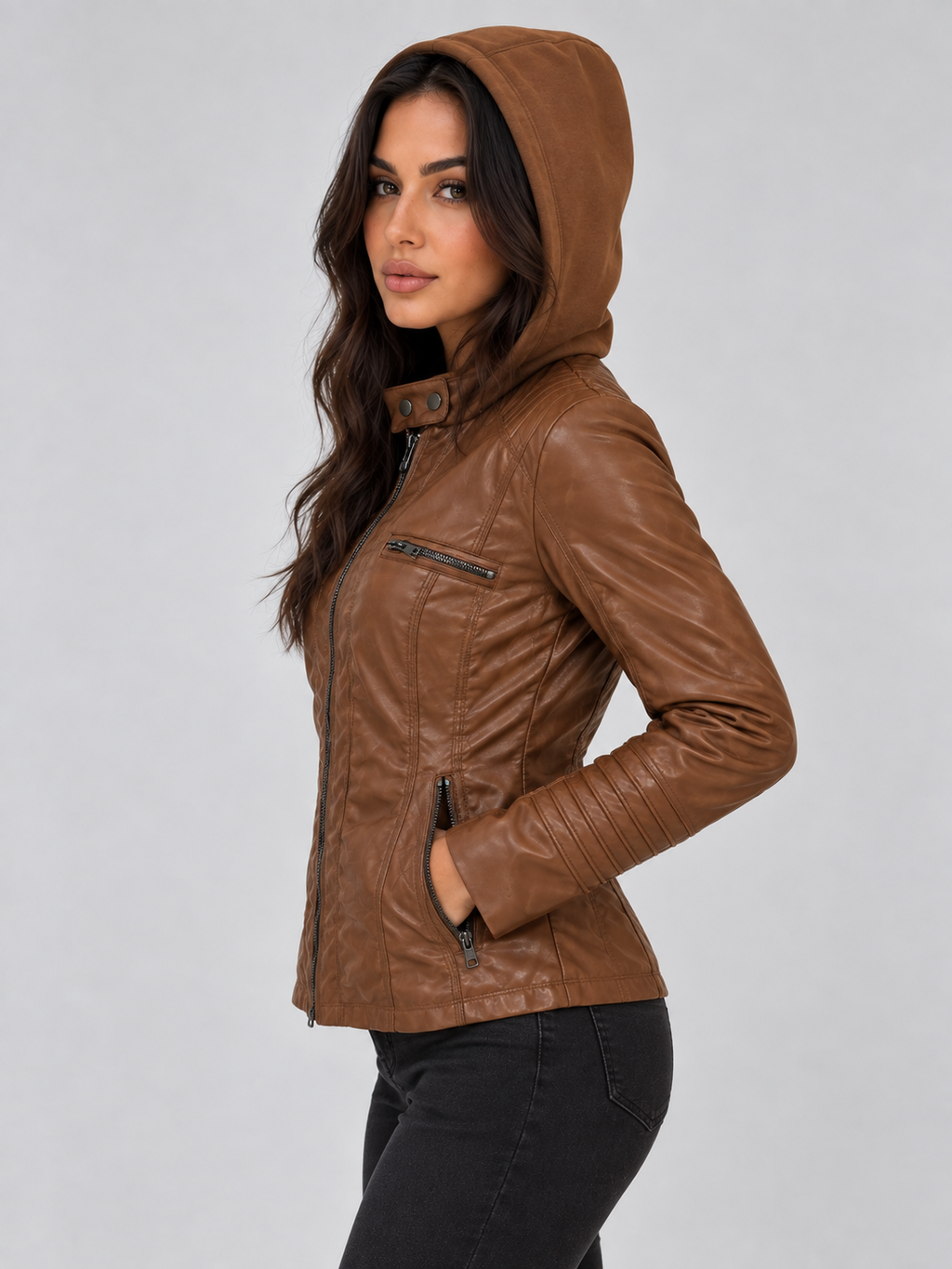 Women’s Hooded Leather Biker Jacket – Fitted Zip-Up Coat