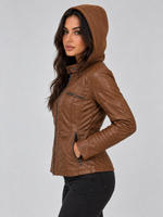 Women’s Hooded Leather Biker Jacket – Fitted Zip-Up Coat