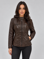 Women’s Hooded Leather Biker Jacket – Fitted Zip-Up Coat