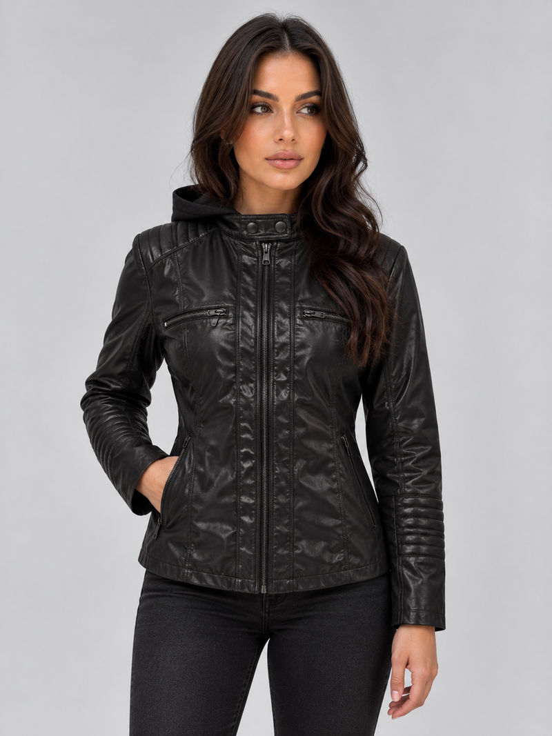 Women’s Hooded Leather Biker Jacket – Fitted Zip-Up Coat