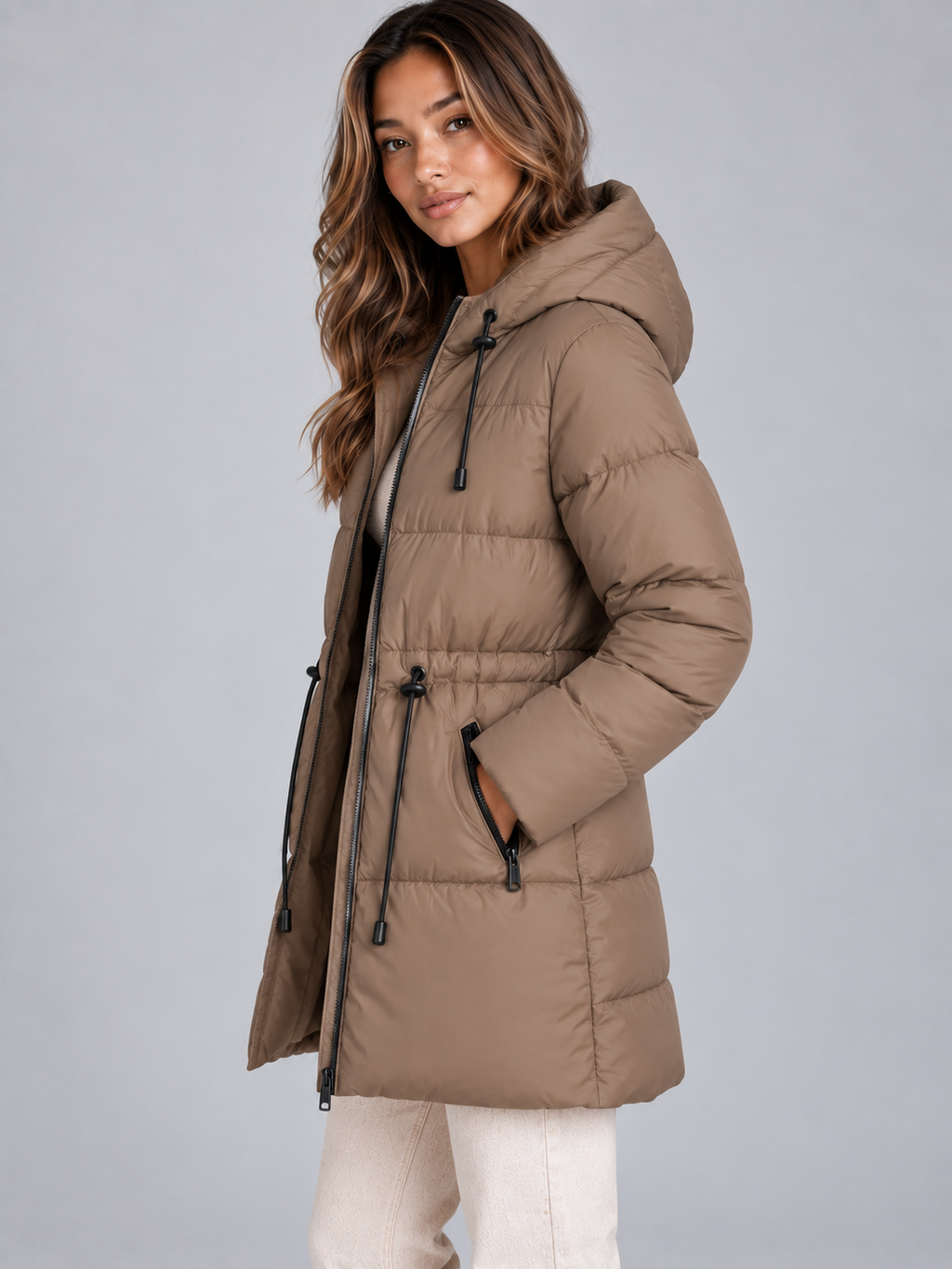 Women’s Hooded Puffer Jacket – Drawstring Waist Quilted Winter Coat