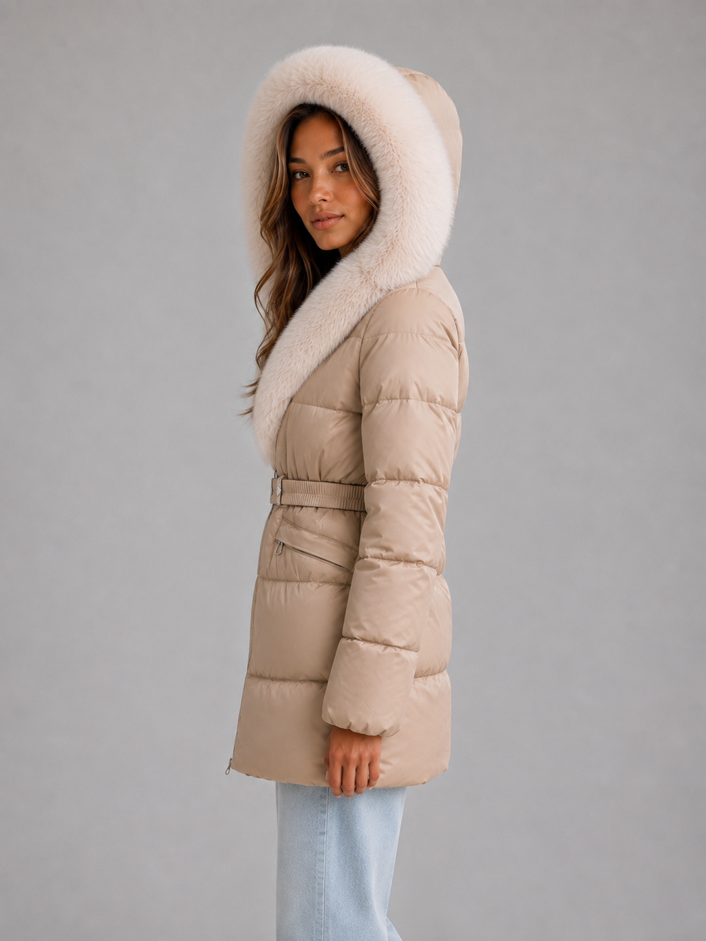 Women’s Hooded Puffer Jacket – Faux Fur Trim Belted Winter Coat