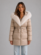 Women’s Hooded Puffer Jacket – Faux Fur Trim Belted Winter Coat