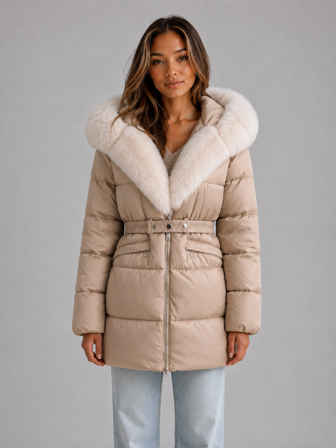 Women’s Hooded Puffer Jacket – Faux Fur Trim Belted Winter Coat