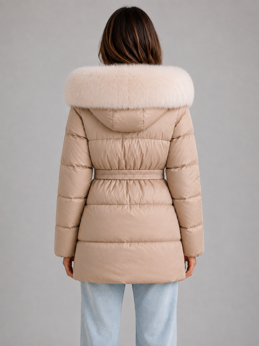 Women’s Hooded Puffer Jacket – Faux Fur Trim Belted Winter Coat