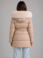 Women’s Hooded Puffer Jacket – Faux Fur Trim Belted Winter Coat