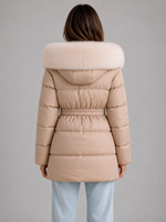 Women’s Hooded Puffer Jacket – Faux Fur Trim Belted Winter Coat