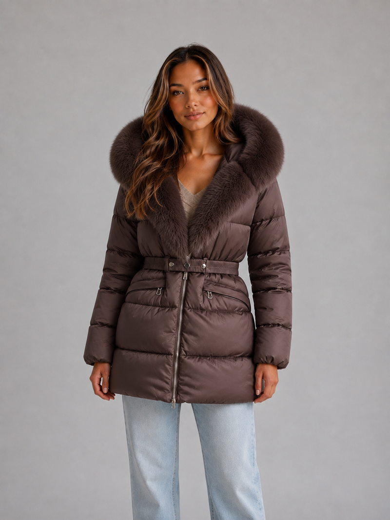 Women’s Hooded Puffer Jacket – Faux Fur Trim Belted Winter Coat