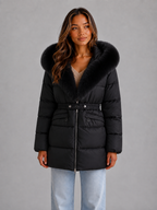 Women’s Hooded Puffer Jacket – Faux Fur Trim Belted Winter Coat