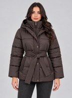 Women’s Hooded Puffer Jacket – Quilted Belted Winter Coat