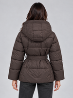 Women’s Hooded Puffer Jacket – Quilted Belted Winter Coat