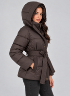 Women’s Hooded Puffer Jacket – Quilted Belted Winter Coat