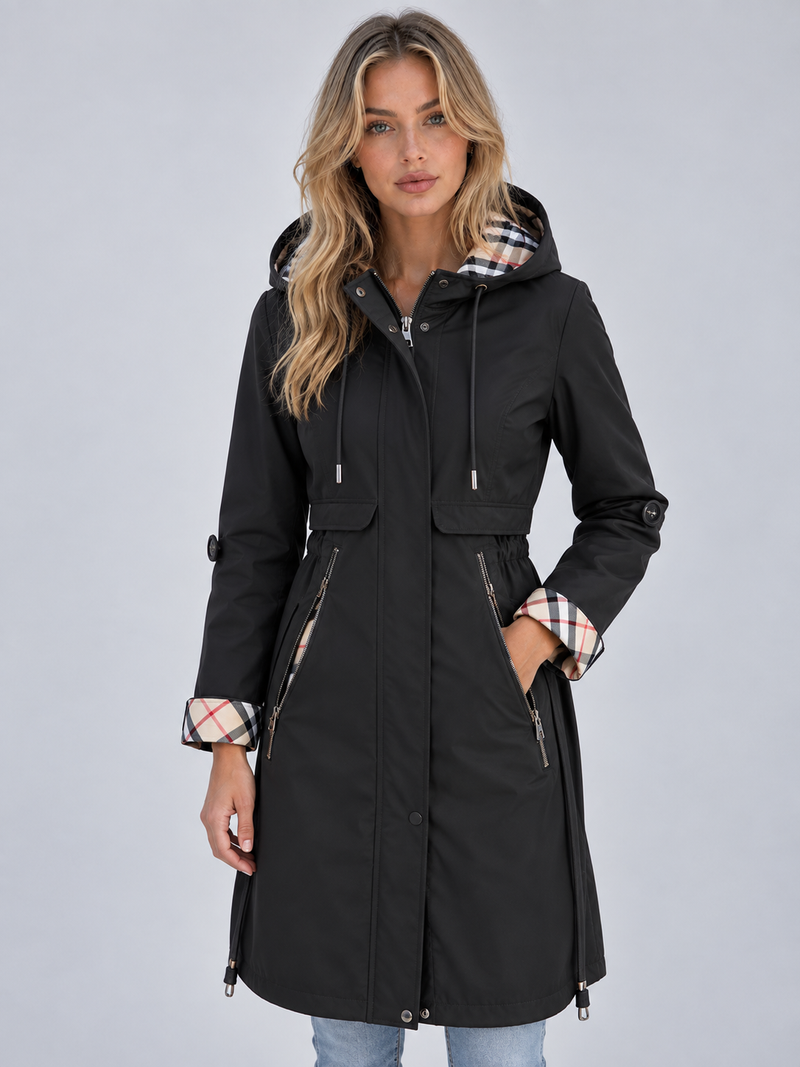 Women’s Hooded Rain Coat – Longline Parka with Adjustable Drawstring Waist