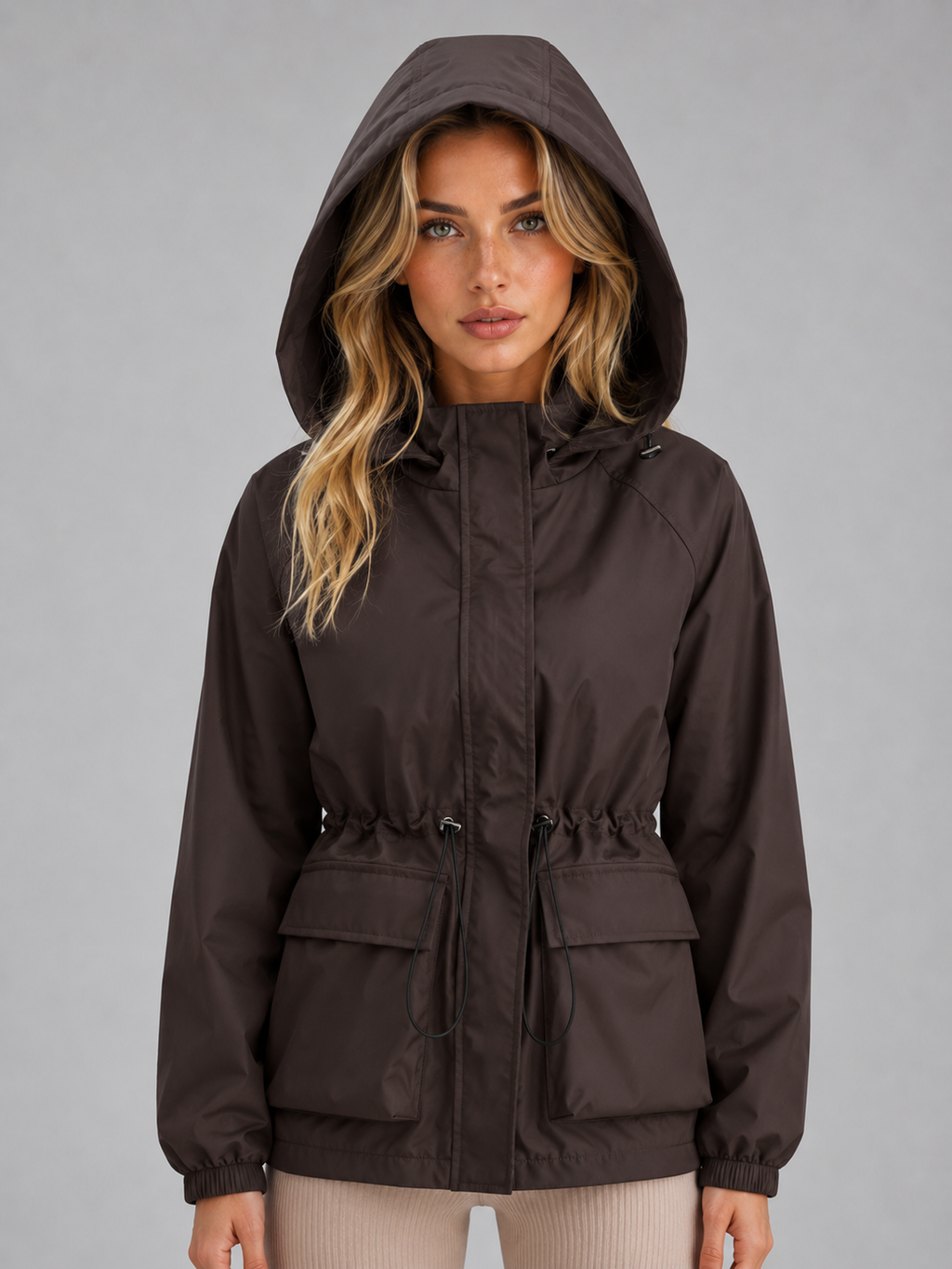 Women’s Hooded Rain Jacket – Water & Wind Resistant Drawstring Coat