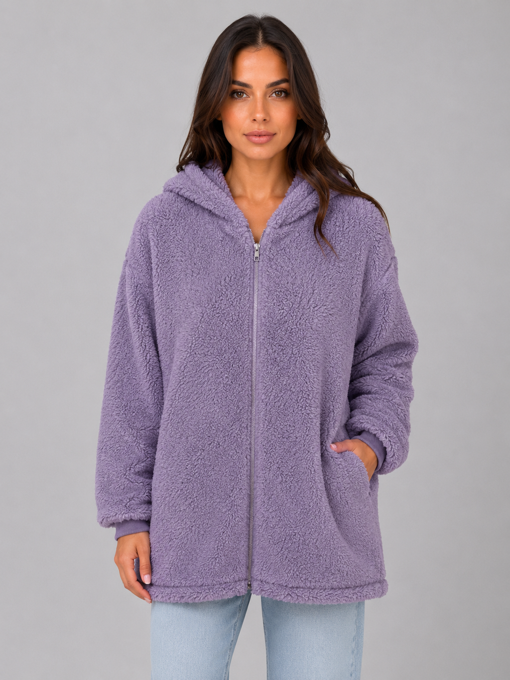 Women's Hooded Teddy Cardigan with Pockets – Longline Zip Plush Jacket