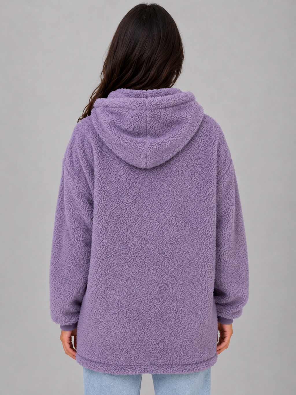 Women's Hooded Teddy Cardigan with Pockets – Longline Zip Plush Jacket