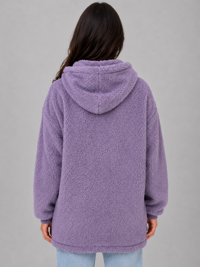 Women's Hooded Teddy Cardigan with Pockets – Longline Zip Plush Jacket