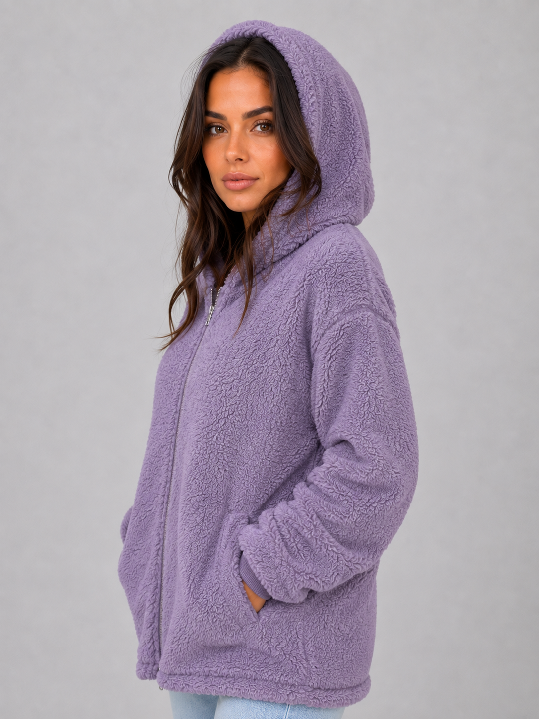 Women's Hooded Teddy Cardigan with Pockets – Longline Zip Plush Jacket