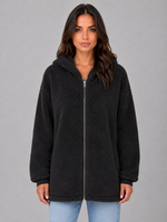 Women's Hooded Teddy Cardigan with Pockets – Longline Zip Plush Jacket