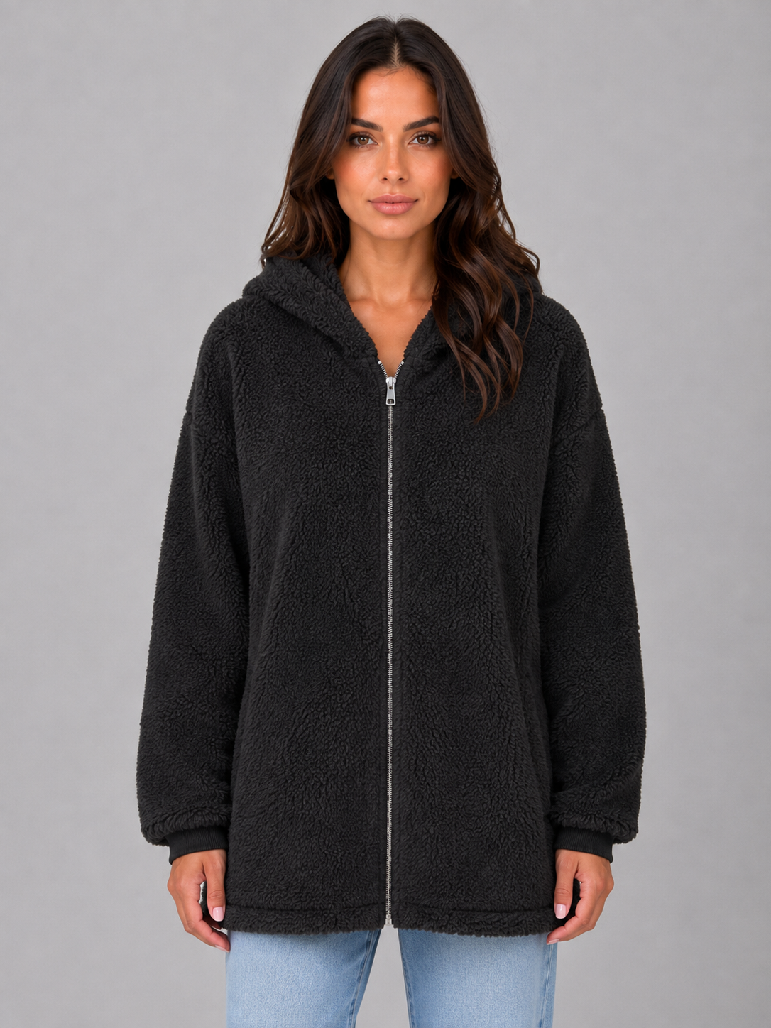 Women's Hooded Teddy Cardigan with Pockets – Longline Zip Plush Jacket