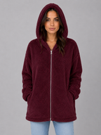 Women's Hooded Teddy Cardigan with Pockets – Longline Zip Plush Jacket