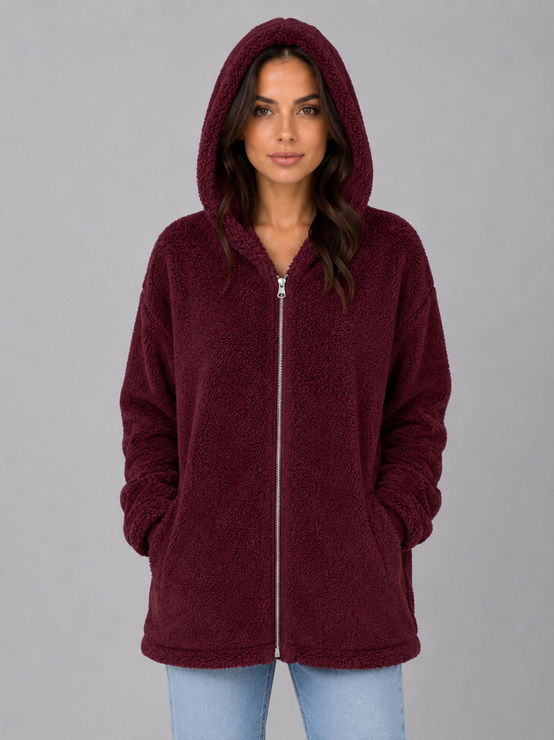 Women's Hooded Teddy Cardigan with Pockets – Longline Zip Plush Jacket