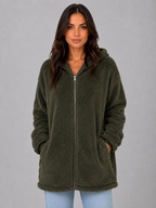 Women's Hooded Teddy Cardigan with Pockets – Longline Zip Plush Jacket