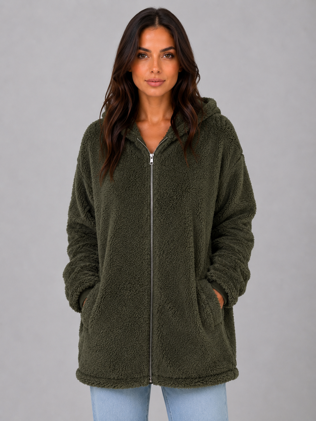 Women's Hooded Teddy Cardigan with Pockets – Longline Zip Plush Jacket